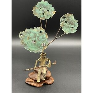 Vintage Brutalist Art Sculpture Copper And Wood Man Sitting Under Trees W/Rifle